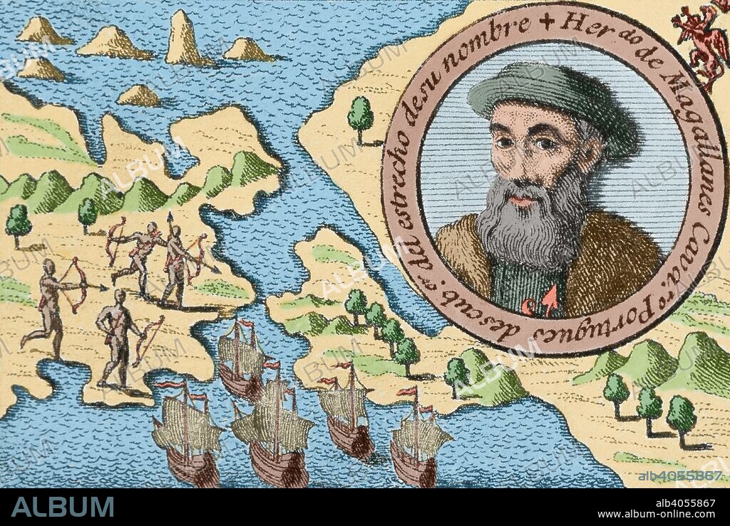 Ferdinand Magellan (1480-1521). Portuguese explorer who led the Spanish expedition to the East Indies from 1519 to 1522. Magellan dies figthing with the natives. Death of Magellan on Mactan Island (Philippines), on April 27, 1521. Engraving, 1726. Later colouration.