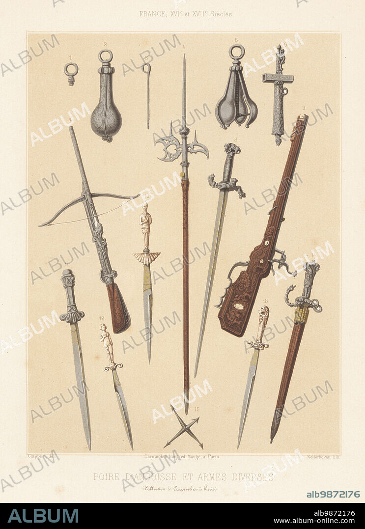 Torture devices and weapons from the 16th and 17th century. Pear of anguish invented by Palioli 1-3,5, halberd 4, key 6, arbalete or crossbow 7, sabre or sword 8, hunting rifle or carabine 9, hunting daggers 10,12,13,14, cheval de frise or Frisian horse 15. Poire d'Angoisse et armes diverses. France, XVIe et XVIIe siecles. Chromolithograph by Franz Kellerhoven after an illustration by Claudius Joseph Ciappori from Charles Louandres Les Arts Somptuaires, The Sumptuary Arts, Hangard-Mauge, Paris, 1858.