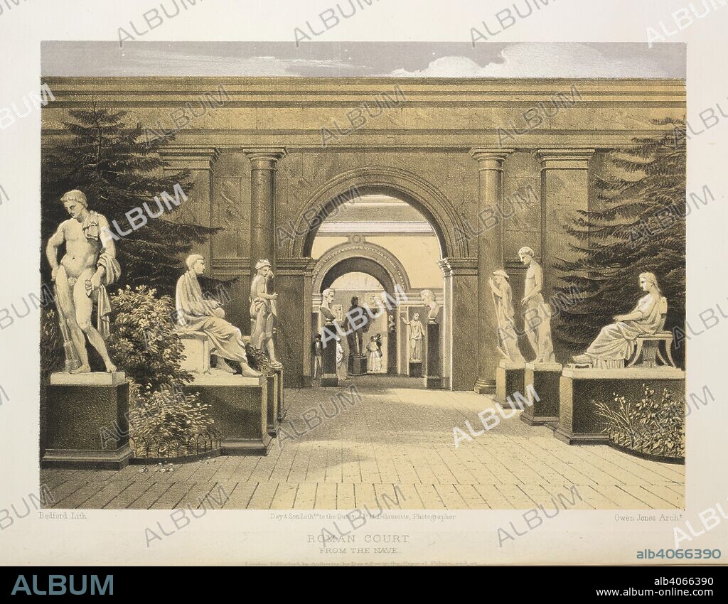 OWEN JONES, SIR MATTHEW DIGBY WYATT and BEDFORD. Roman Court. Views of the Crystal Palace and Park, Sydenham. Fr. London, 1854. Roman Court from the nave.  Image taken from Views of the Crystal Palace and Park, Sydenham. From drawings by eminent artists, and photographs by P. H. Delamotte. With a titlepage and literary notices by M. D. W. First series.  Originally published/produced in London, 1854. . Source: 1266.k.26, plate viii. Language: English.
