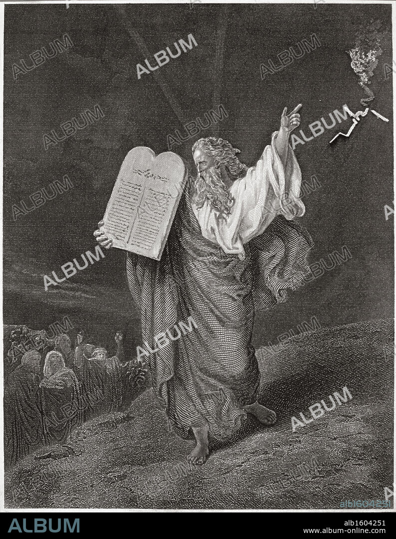 ARTIST UNKNOWN. Moses Comes Down From Mt.Sinai Carrying The Ten Commandments From God  Engraving.