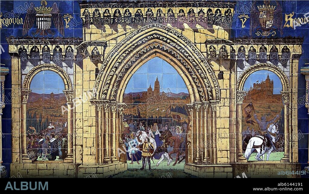 REPRESENTACION DE SEGOVIA - FIRMA DE LA CONCORDIA DE SEGOVIA ENTRE ISABEL Y FERNANDO EN 1475 - MOSAICO DE LA PLAZA DE ESPAÑA DE SEVILLA - SIGLO XX.