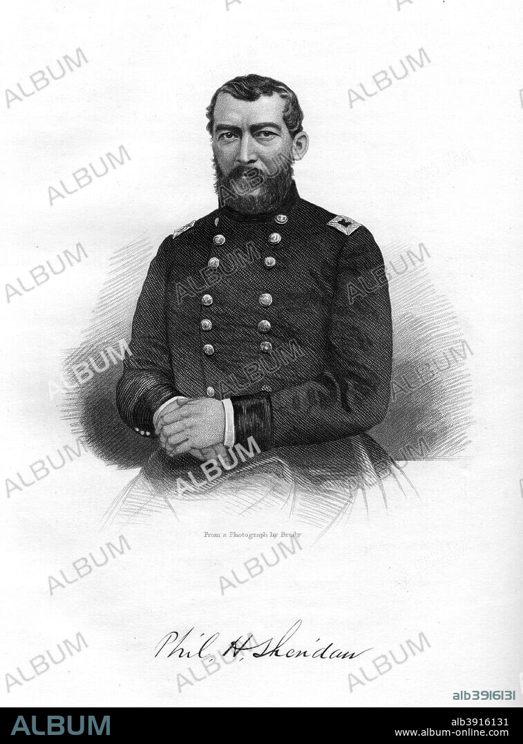 Philip Henry Sheridan, Union general, 1862-1867. In the American Civil War Sheridan (1831-1888) rose to the rank of Major-general in the Union (northern) army, and commanded the Army of the Shenandoah Valley from 1864. In 1883 he was made commanding general of the US Army. An engraving from volume III of The War with the South : a History of the Late Rebellion, by Robert Tomes, Benjamin G Smith, New York, Virtue & Yorston, 3 Volumes, 1862-1867.