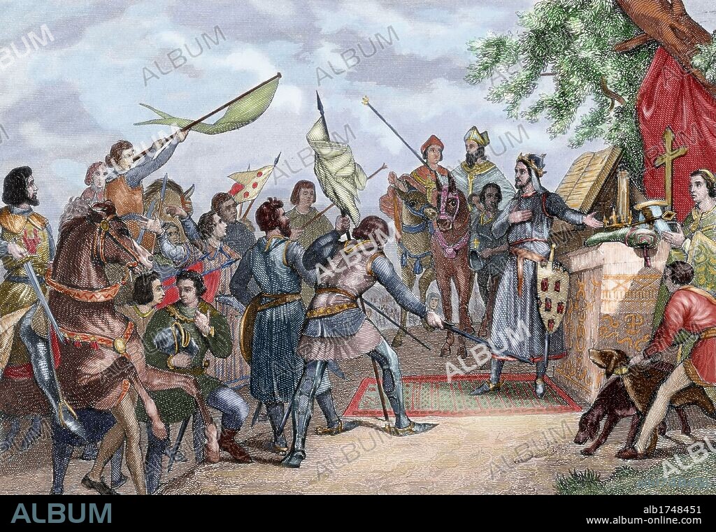 History of Spain. Day before of the Battle of Las Navas de Tolosa (1212) in which Alfonso VIII of Castile defeated the Almohad army of Caliph al-Nasir Muhammed. Colored engraving.