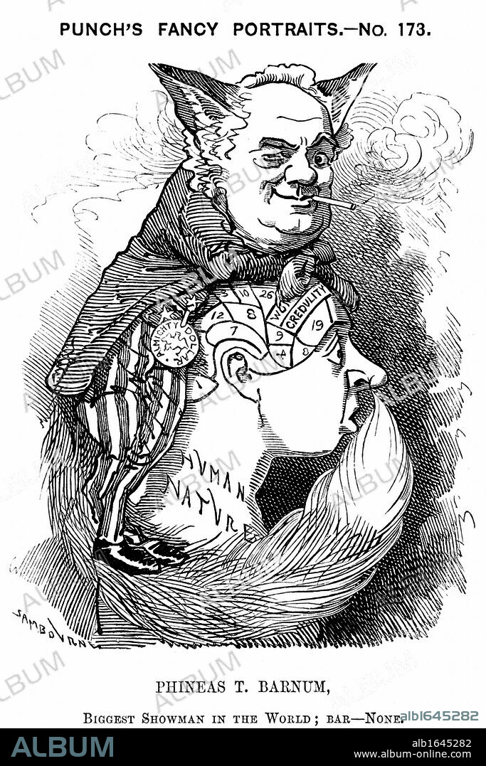 Phineas Taylor Barnum (1810-1891) American showman: co-founder of Barnum and Bailey circus. Edward Linley Sambourne cartoon from Punch London 1884 in the Fancy Portraits series showing Barnum as a wily fox exploiting people's phrenological bump of Credulity.  At this time Gall and Spurzheim's idea that physical formation of skull was related to mental capacity, Engraving.