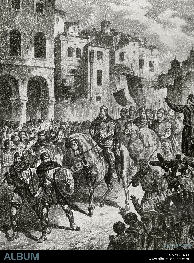 BERENGUER RAMON II "el Fratricida" (h.1053-Jerusalén, h.1099) Conde de Barcelona, Gerona y Ausona (Osona) (1076-97), hijo de Ramon Berenguer I y Almodis. "TOMA DE TARRAGONA POR EL CONDE BERENGUER RAMON II". Grabado de "Historia de España Ilustrada", del siglo XIX.