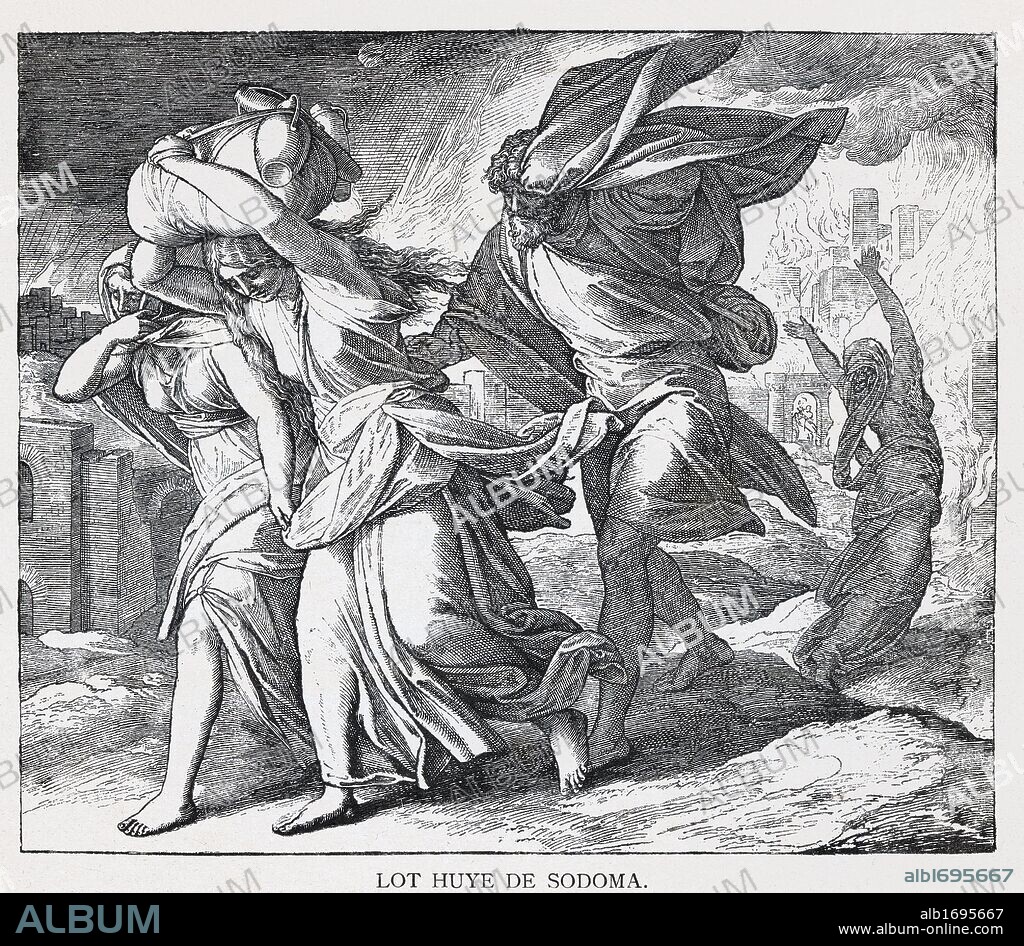 LOT HUYE DE SODOMA. Grabado de 1889. Álbum de Historia Sagrada (La Santa Biblia en imágenes). Dibujo de Julio Schnorr de Carolsfeld.