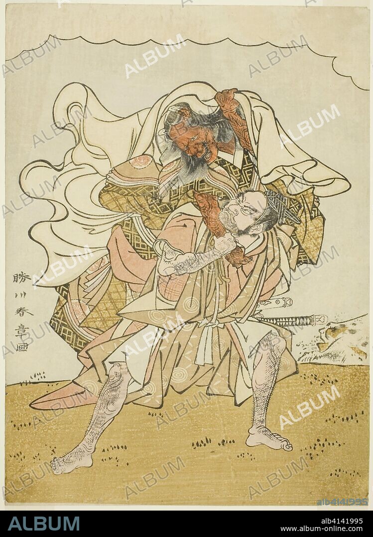 The Warrior Omori Hikoshichi Carrying a Female Demon on His Back. Katsukawa Shunsho ?? ??; Japanese, 1726-1792. Date: 1767-1777. Dimensions: 26.3 x 19.2 cm (10 3/8 x 7 9/16 in.). Color woodblock print; chuban. Origin: Japan.
