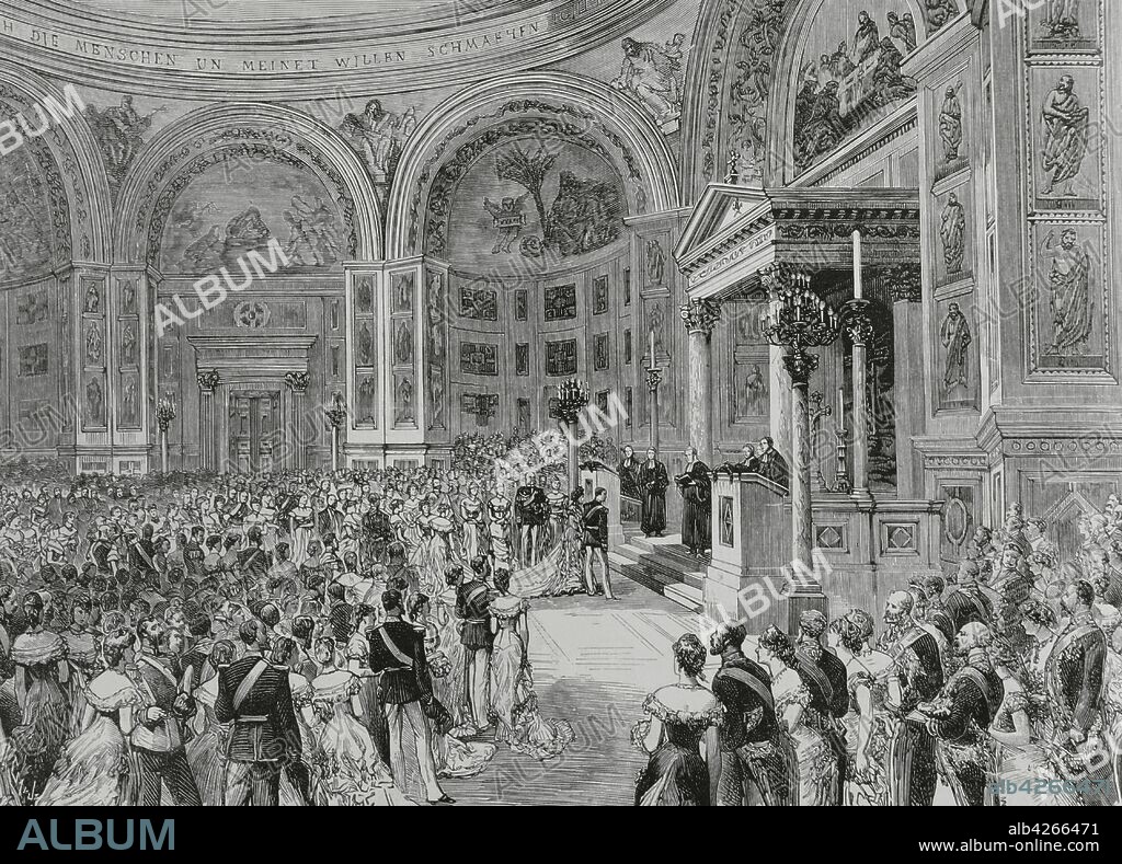 William II of Germany (1859-1941). Germany, Berlin. Celebration of the religious marriage of Prince Friedrich Wilhelm (future William II) and Princess Augusta Victoria of Schleswig-Holstein (future Queen Consort). Chapel of the Imperial Palace on 27 February 1881. Engraving. La Ilustracion Espa–ola y Americana, 1881.