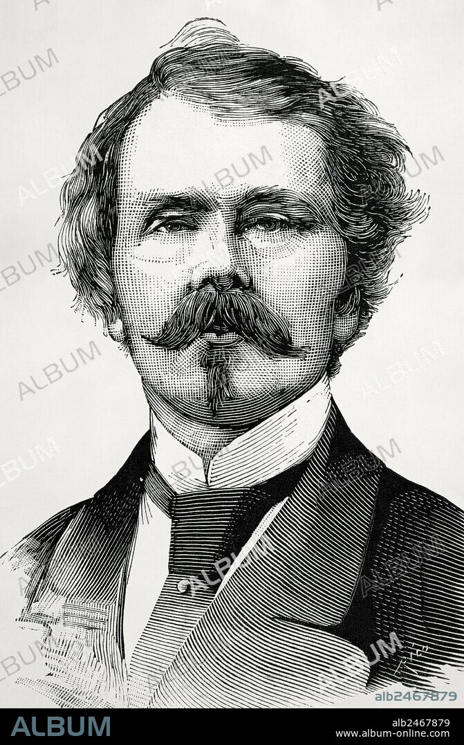 Thomas Mayne-Reid, conocido como Capitán Mayne-Reid (1818-1883). escritor angloirlandés. Grabado por Rico. "La Ilustración Española y Americana", 1883.