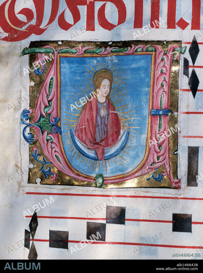MAESTRO DE BURGO DE OSMA. "CANTORAL Nº? ". Canto gregoriano. Inicios S. XVI. Antifonario. Pergamino. Tamaño: 820 x 600 mm. "LA VIRGEN MARIA EN ORACION". Letra capitular "U". Sin foliar?. Obra del MAESTRO DE OSMA. Perteneciente al "Scriptorium" del Monasterio de San Jerónimo de Guijola (Soria) o de la recuperarión de la Desamortización, S. XIX. Archivo Capitular de El Burgo de Osma. (Soria) .
