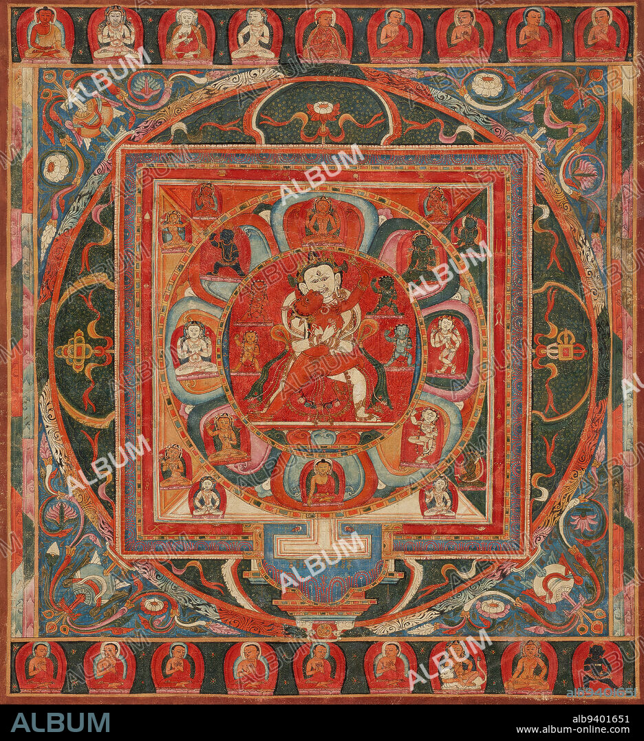 Chakrasamvara and Vajravarahi Mandala, 1400-1500, 16 5/16 x 15 1/2 in. (41.43 x 39.37 cm) (image), Pigments on cloth, Tibet, 15th century, The sacred diagram of the cosmos and resplendent deities painted on this thangka were intended to serve as a meditation device for a tantric practitioner. The practitioner would have read an associated text and then visualized in three dimensions the palatial structure depicted here, which is seen from above with a single gateway at its bottom. At the center, the god Chakramsavara embraces his red consort, Vajravarahi. The surrounding circle contains Cosmic Buddhas, dancing Dakinis (demi-goddesses), and the Shakyamuni Buddha, while the upper and lower registers contain protective and auspicious deities and lineage teachers.