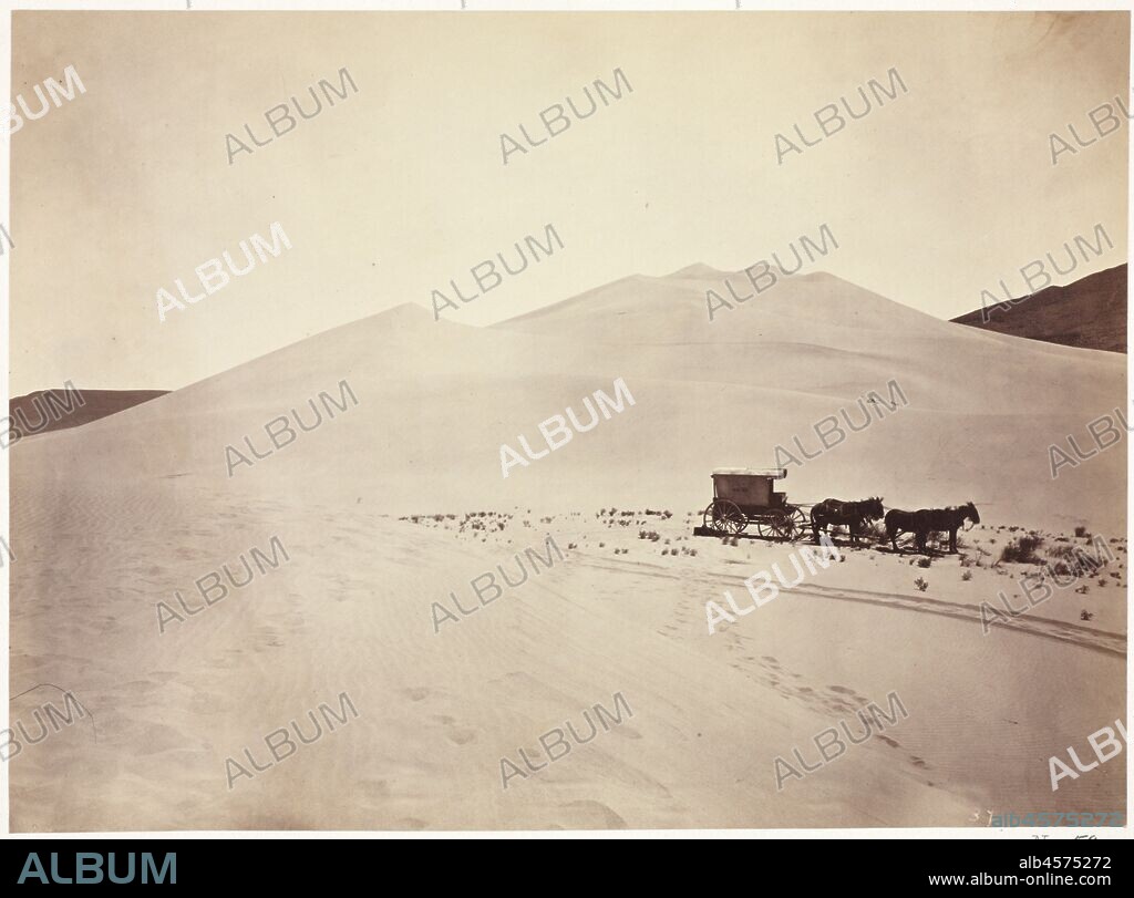 Sand Dunes, Carson Desert, Nevada, 1867. Timothy H. OSullivan's Civil War experiences prepared him for the hardship of serving from 1867 to 1869 as photographer for the Geological Exploration of the Fortieth Parallel. Led by geologist Clarence King, the expedition's goal was to map and describe a strip of land along the 40th parallel in California, Nevada, Utah, Idaho, and Wyoming. This territory coincided roughly with the route of the railroad that would link the east and west coasts in 1869. Here, OSullivan recorded the elusive shifting dunes near Sand Springs, Nevada, including the mule-drawn ambulance he used to transport water necessary for his darkroom. OSullivan's work was less picturesque than that of his contemporaries, using light to define form rather than for dramatic effect. Most significantly, he compressed space by focusing on the textures in both the foreground and background, which resulted in a unified visual whole.