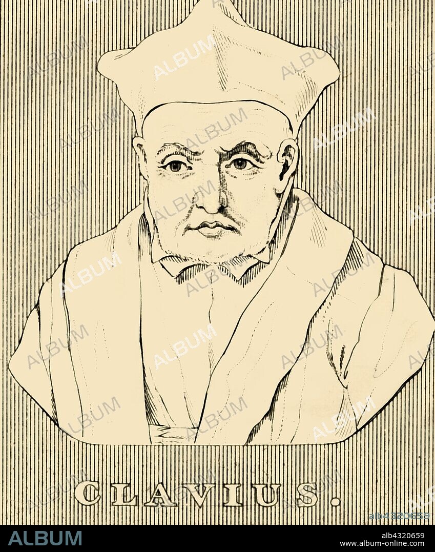 'Clavius', (1538-1612), 1830. Christopher Clavius (1538-1612) Jesuit German mathematician and astronomer, modified the proposal for the Gregorian calendar a  From "Biographical Illustrations", by Alfred Howard. [Thomas Tegg, R. Griffin and Co., J. Cumming, London, Glasgow and Dublin, 1830].