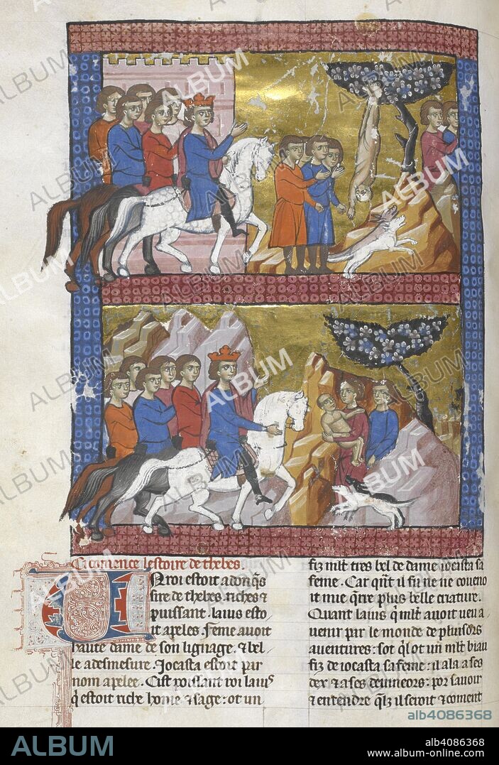 Oedipus, having been left in the forest suspended by his feet from a tree, is found by Polybus, King of Corinth; the child is rescued from the tree, and is brought to Polybus in the arms of one of his attendants. Li livre des ansienes estoires. Circa 1285. Source: Add. 15268, f.75v. Language: French.