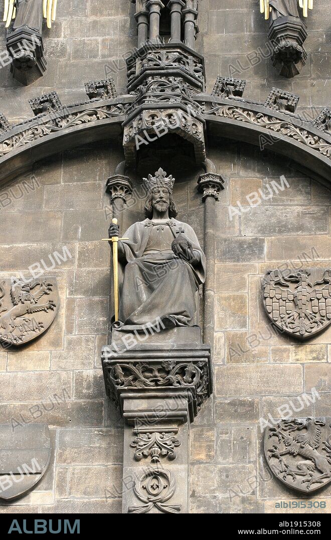 Ottokar II (1233-1278). King of Bohemia from 1253 to 1278. Statue on the Powder Tower (old Gate of the city). Prague, Czech Republic.