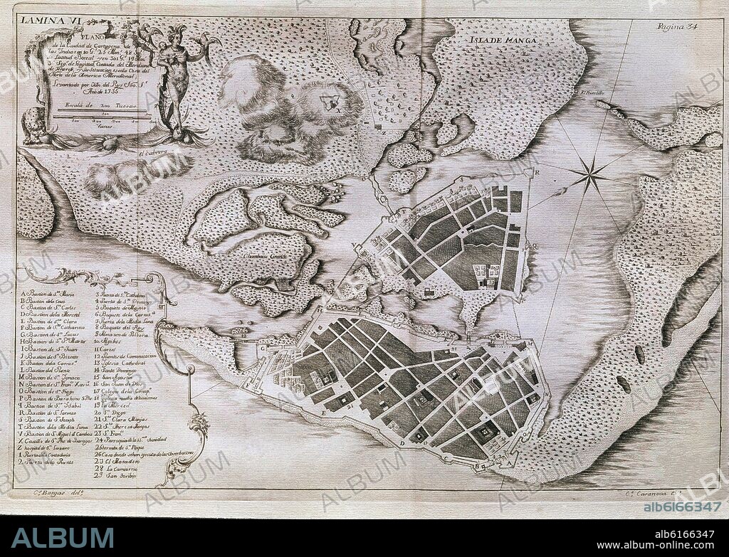 JORGE JUAN (1713-73) Y ANTONIO DE ULLOA (1716-95). TRIP TO THE MERIDIONAL AMERICA - MAP OF CARTAGENA DE INDIAS -1735.