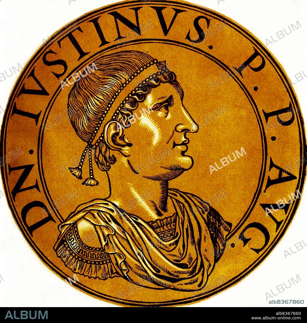 Turkey / Byzantium: Justin II (520-578), Byzantine emperor, from the book <i>Icones imperatorvm romanorvm</i> (Icons of Roman Emperors), Antwerp, c. 1645. Justin was the nephew of Emperor Justinian I and had supposedly been named his heir on the emperor's deathbed. Justin's early rule relied completely on the support of the aristocratic party, and faced with an empty treasury, he stopped paying off potential enemies as his uncle had done, leading to Avar invasions across the Danube river.