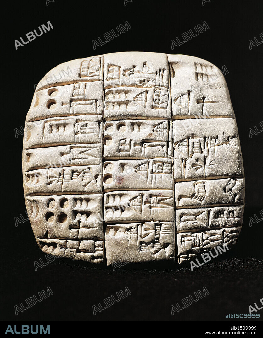 Sumerian civilization, 3rd millennium b.C. Administrative clay tablet in cuneiform script. Count of goats and rams, 2360 b.C. From Tell Telloh, ancient Ngirsu, Iraq.
