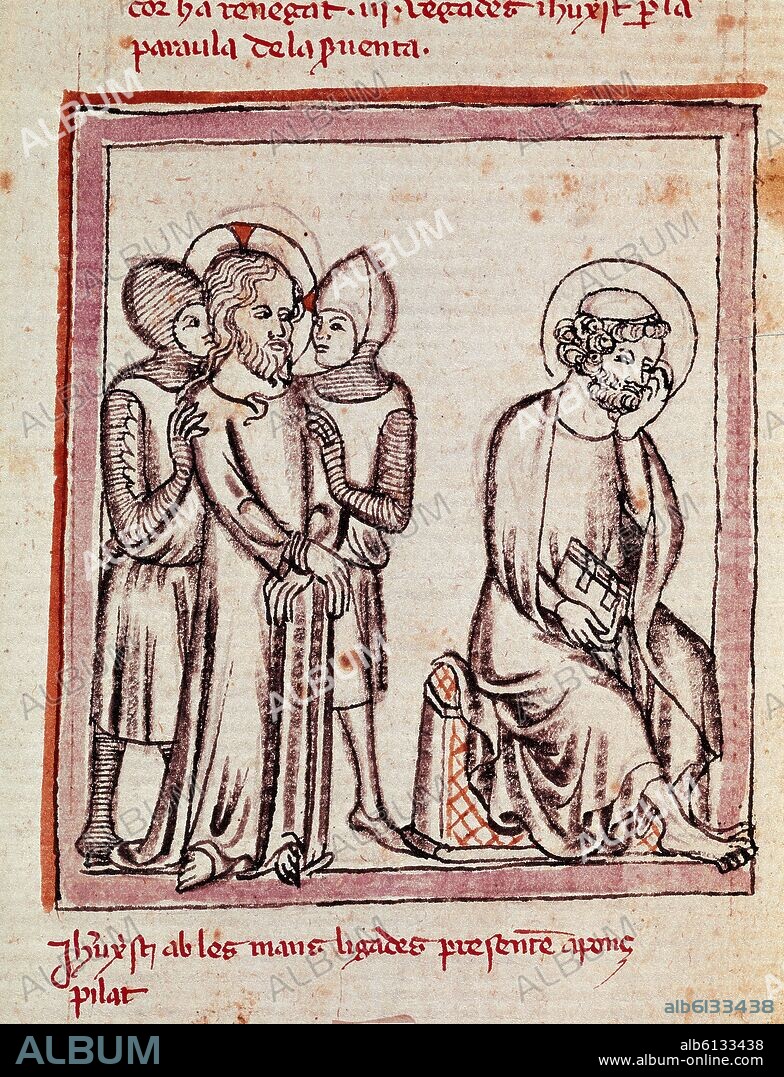 MATFRE ERMENGAUD DE BEZIERS. BREVIARIO DE AMOR- S XV- PRENDIMIENTO DE JESUS Y NEGACION DE PEDRO- MINIATURA EN GRISALLA.