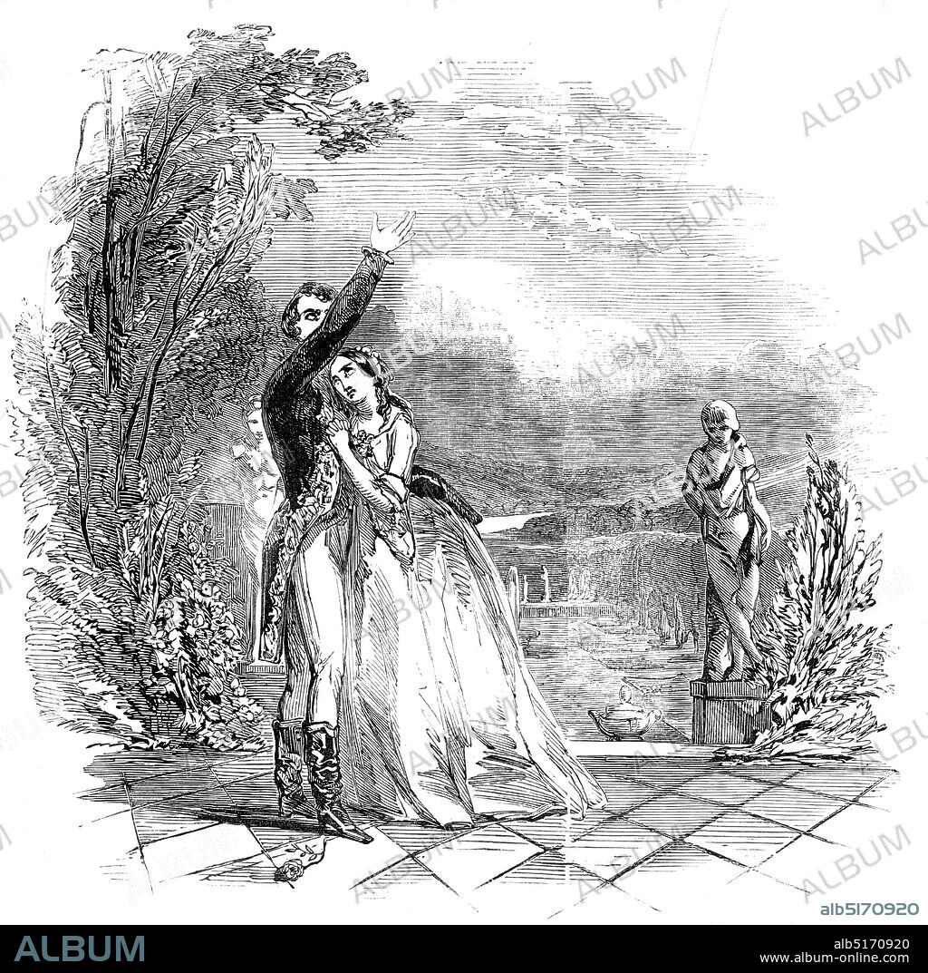 Scene from "The Lady of Lyons" at the Haymarket Theatre, 1845. London stage production of "The Lady of Lyons; or, Love and Pride", a romantic melodrama written in 1838 by Edward Bulwer-Lytton, 1st Baron Lytton. '...the First Scene of the Second Act...Claude Melnotte (Mr. Anderson), pretending to be the Prince of Como, is speaking to Pauline (Miss Helen Fawcit) of his imaginary Palace...'. From "Illustrated London News", 1845, Vol VII.
