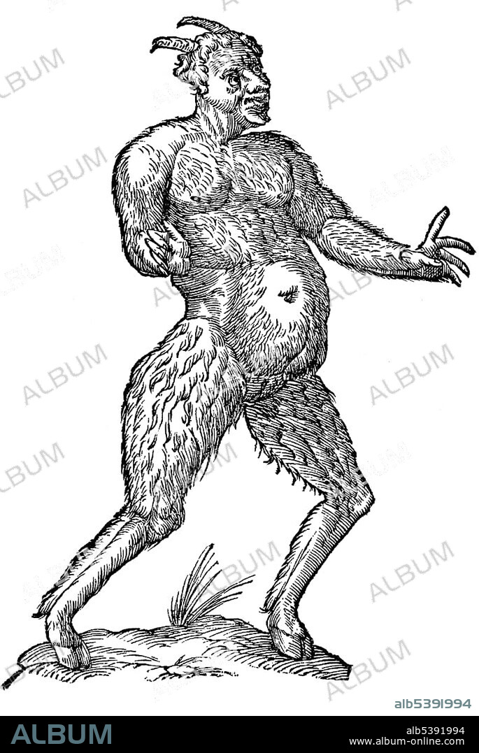 Woodcut, Satyri figura, satyr with goat's legs, hooves and horns, Aldrovandi, Historia Monstrorum, 1642, Renaissance