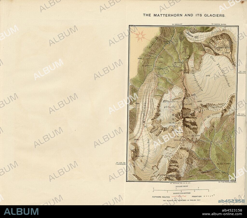 The Matterhorn and its glaciers, Map of the Matterhorn and the surrounding glaciers (Zmutt Glacier, Matterhorn Glacier, Furggen Glacier, Theodul Glacier, Gorner Glacier) with inscription of the ascent route of Edward Whymper, Signed: Whymper, Engaged after p. 325, Whymper, Edward (del., sc., et imp.), 1880, Edward Whymper: The ascent of the Matterhorn. London: John Murray, 1880.