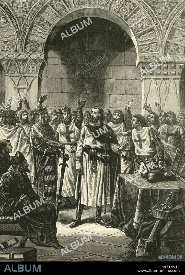 'Crusaders Proclaiming Godfrey of Bouillon King of Jerusalem', 1890. Godfrey of Bouillon (1060-1100) Frankish knight and one leader of the First Crusade became the first ruler of the Kingdom of Jerusalem, he refused the title of King,  as he believed the true King of Jerusalem was Jesus Christ. From "Cassell's Illustrated Universal History, Vol. III - The Middle Ages", by Edmund Ollier. [Cassell and Company, Limited, London, Paris and Melbourne, 1890].