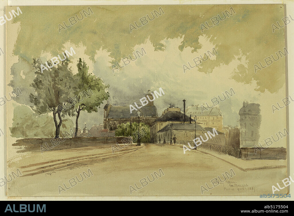 The Marque, Paris, Whitney Warren Jr., American, 18641943, Brush and watercolor on heavy board, View looking across the bridge to the Marque, Paris., USA, 1887, landscapes, Drawing, Drawing.