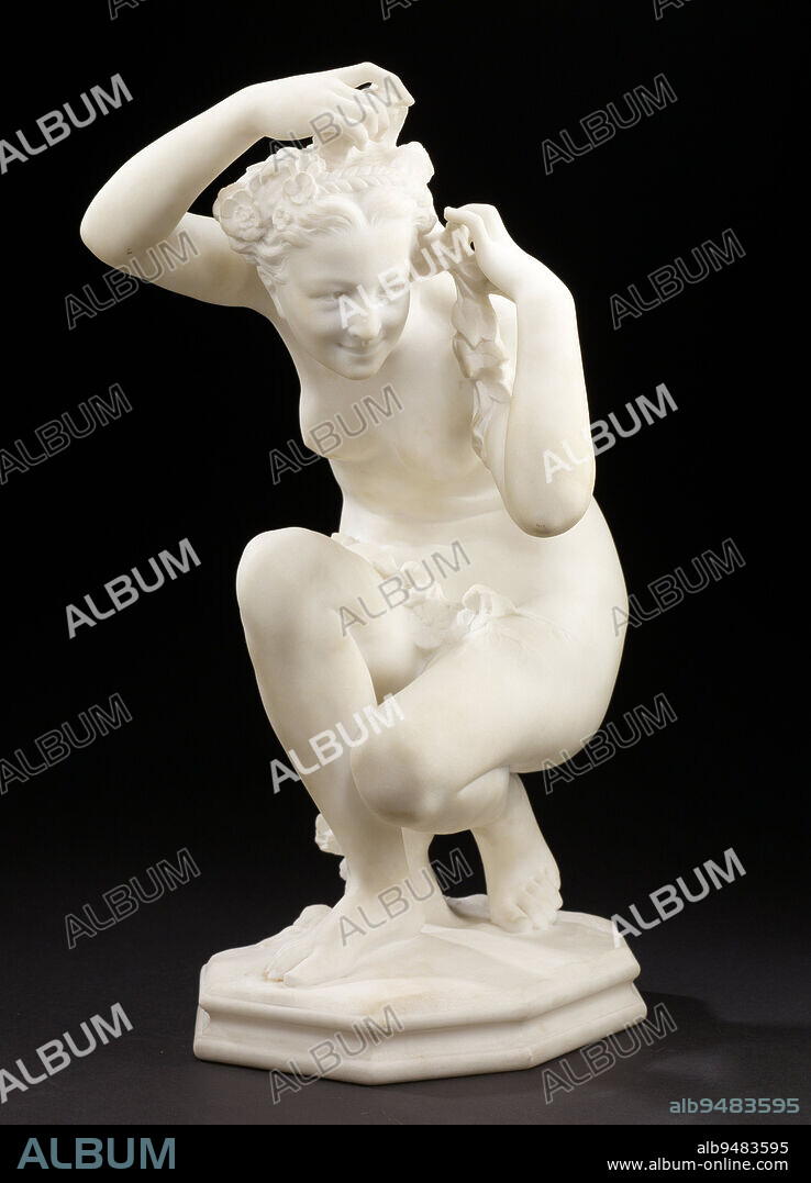 Flora Kneeling, c. 1871, Jean-Baptiste Carpeaux, French, 1827-1875, 19 1/8 x 9 1/2 x 12 in. (48.58 x 24.13 x 30.48 cm), Marble, France, 19th century, During the mid and late nineteenth century, sculptors, such as Carpeaux were inspired by classical subject matter, compositions and styles. Carpeaux borrowed the pose of the figure of Flora, the Roman goddess of flowers, from a well-known antique statue, Crouching Venus. The animated face of the young girl was copied from a bust Carpeaux executed of Anna Foucart, the daughter of a childhood friend of the artist's.