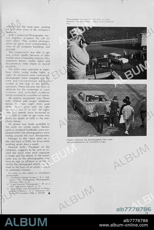 HISTORY OF PHOTOGRAPHY "Surveillance photography", the photographic surveillance used as a deterrent for the implementation of vandalism or petty theft, or as a means of supporting law enforcement investigations. The first services included the addition of photographers to security personnel, who monitored from rooftop posts and were ready to intervene promptly to document and record the circumstances of any infringements. They were the precursors of what, with the evolution of technology, then became automated video surveillance. In the photo, a surveillance photographer in action on the roof. Service closing page from trade magazine, United States of America, second half of the 20th century.