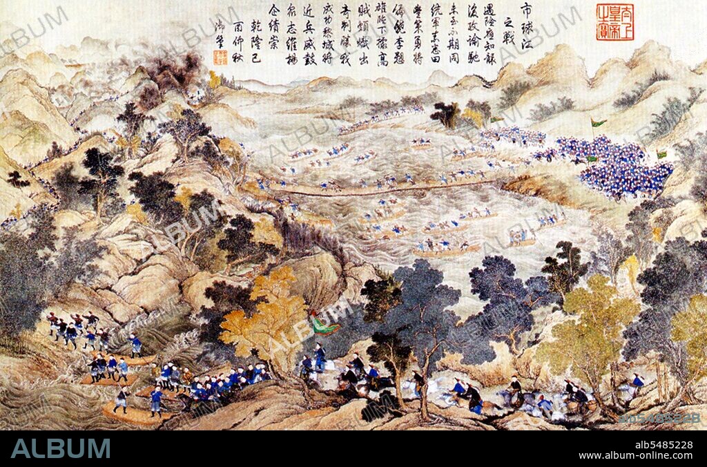 In 1788 a large Qing army was sent south to restore Lê M?n Ð? (Lê Chiêu Th?ng) to the Vietnamese throne. They succeeded in taking Thang Long (Hà N?i, Hanoi) and putting Emperor Lê Chiêu Th?ng back on the throne. This situation did not last long as the Tây Son leader, Nguy?n Hu?, launched an attack against the Qing forces while they were celebrating the Chinese New Year festival of the year 1789. The Chinese were completely defeated and Nguy?n Hu? was proclaimed Emperor Quang Trung of Vietnam, although he also agreed to pat tribute to the Qing court to avoid further invasions. The painting is from the 'Ten Great Campaigns' series produced by Jesuit missionaries at the Qing Court including Giuseppe Castiglione, Jean-Denis Attiret, Ignace Sichelbart and Jean Damascene. The engravings were executed in Paris under the direction of Charles-Nicolas Cochin of the Académie Royal at the Court of Louis XVI and the individual engravers include Le Bas, Aliamet, Prevot, Saint-Aubin, Masquelier, Choffard, and Launay.