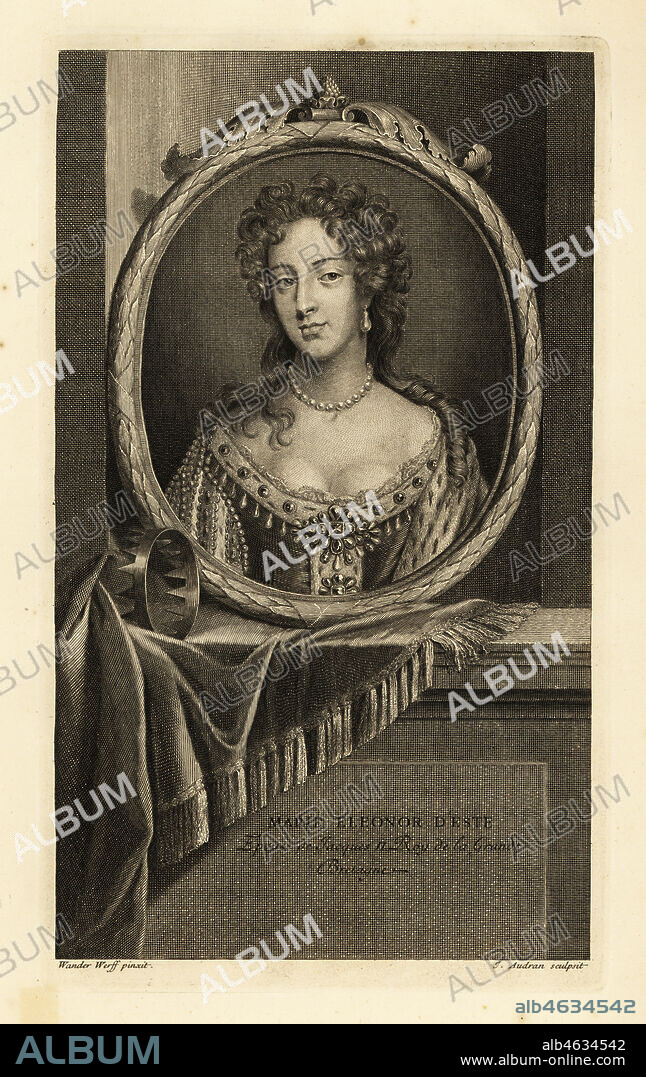 Mary of Modena, wife of King James II of Great Britain, epouse de Jacques II Roy de la Grande Bretagne. In velvet and ermine gown decorated with gems, pearl necklace. Crown outside frame. Copperplate engraving by Jean Audran after Adriaen van der Werff after a painting by Godfrey Kneller from Isaac de Larreys Histoire dAngleterre, dEcosse et dIrlande, Amsterdam, 1730.