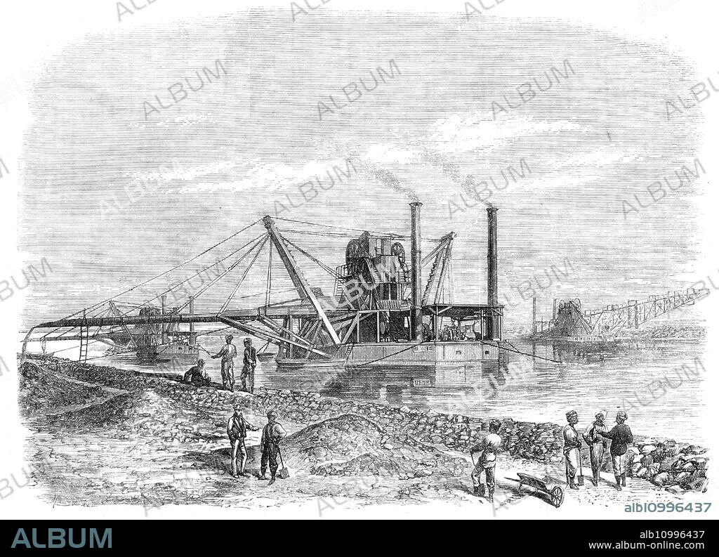 The Isthmus of Suez Maritime Canal [in Egypt]: dredges and elevators at work, 1869. 'There is a different kind of mechanical apparatus, called the "drague à long couloir," which is used in immediate connection with the dredging-vessels, where the banks are not so high above the water...The dredges are furnished with iron buckets, fastened to an endless chain revolving over two drums; one being fixed at the end of a long movable arm, regulated by the depth at which the mud is scooped up; the other being at the top of a strong iron framework mounted upon the hull of the dredging-vessel...Each box of earth is lifted from the punt by a steel-wire rope, and placed on a truck which carries it to the upper end of the incline. Having reached this point the box is suspended vertically, when its end-door opens, so that it empties itself on the ground beneath. The empty box then runs down the other line of tramway, and is returned by the punt to the dredging-vessel...a steam-pump keeps a stream of water flowing through this channel, by which the dredged-up matter, when dropped into its upper end, is carried off and cast ashore on the bank of the canal...There are about sixty dredges still at work'. From "Illustrated London News", 1869.