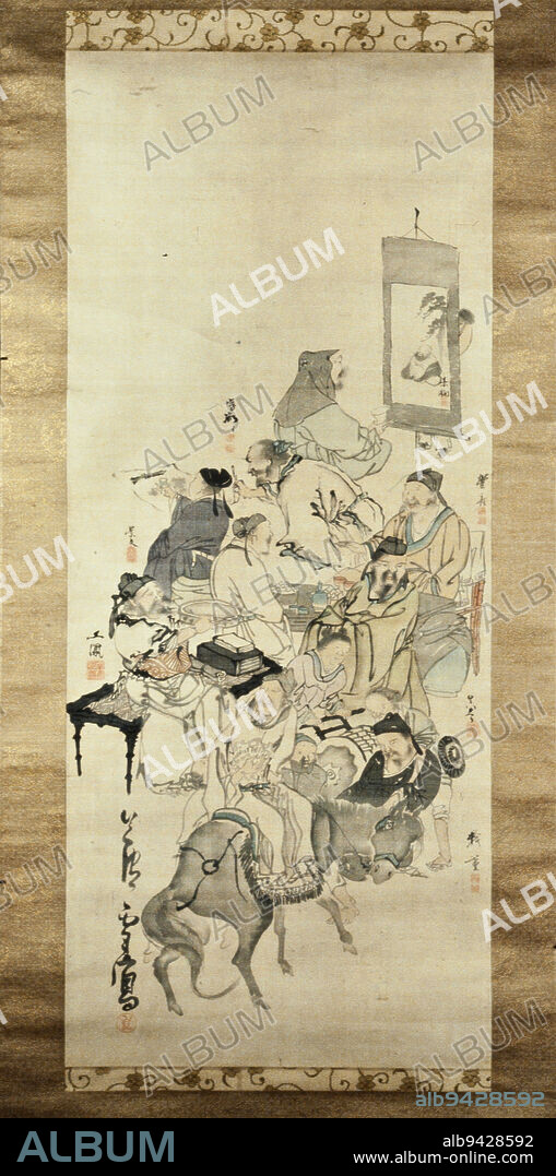 Gathering of Artists, c. 1790, Kawamura Bunp; Artist: Ganku; Artist: Matsumura Goshun; Artist: Matsumura Keibun; Artist: Nagasawa Rosetsu; Artist: Shibata Git; Artist: Utagawa Toyohiro; Artist: Yamaguchi Soken, Japanese, 1779 - 1843, 75 1/4 x 20 15/16 in. (191.14 x 53.18 cm), Ink and color on silk, Japan, Nikuhitsu ukiyo-e, This collaborative painting is a remarkable Who's Who among artists of the Maruyama-Shijo School in the late eighteenth century. Each artist has supplied a self-portrait in the guise of a Chinese scholar. Together, they are shown admiring antique objects and paintings, reflecting their romantic concept of the lives of Chinese officials.