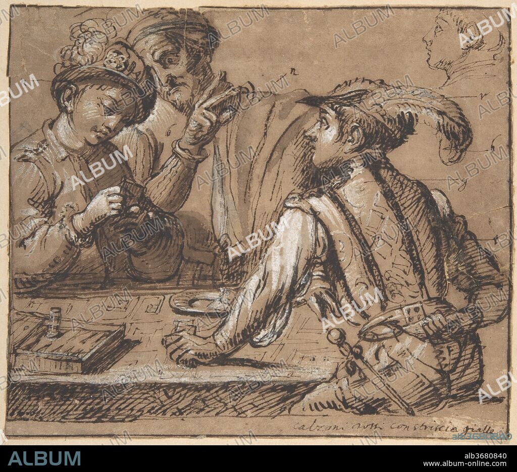 ITALIAN ANONYMOUS and AFTER CARAVAGGIO (MICHELANGELO MERISI). Study after Caravaggio's 'The Cardsharps' with color notes. Artist: Anonymous, Italian; After Caravaggio (Michelangelo Merisi) (Italian, Milan or Caravaggio 1571-1610 Porto Ercole). Dimensions: sheet: 5 7/8 x 6 7/8 in. (15 x 17.5 cm). Date: 1600-1700.
This powerfully rendered scene of Cardsharps by a game table is based on a composition by Caravaggio of the same subject (Kimbell Art Museum, Fort Worth), painted about 1595-1600, but is not an exact reprise of the painting.  The sheet includes at upper right a separate, summary sketch of the head of the same young man, who sits by the table at right in the more fully developed main scene.  The drawings on the sheet are done with an unusually expressive handling of the pen and very bold chiaroscuro, qualities that indicate that this was from a sheepish copyist of Caravaggio.  The sheet is inscribed at bottom right in pen and the similar color ink as the drawing, "calzoni rossi con striscie gialle" (red pantaloons with yellow stripes).  The figures are annotated with letters (clockwise from left), "n," "b," "n," "v," "b,"  "g." ["r" ?].  These are color notes (nero, bianco, nero, verde, bianco, grigio, rosso). The fact of the annotations further confirms that this is after a painting. Alfred Moir and Frederick Den Broeder have suggested this drawing is possibly by a Northern artist of ca. 1600, but to the present compiler the draftsman is more likely Italian (also because of the idiomatic color notes). The influence of Agostino Carracci seems notable. (CCB, 2009).