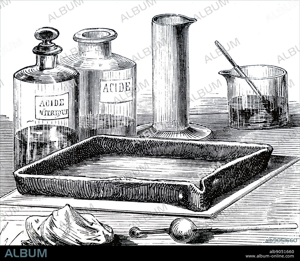 Illustration depicting a bath of aqua fortis (concentrated nitric acid) for etching a copperplate. Dated 19th century.