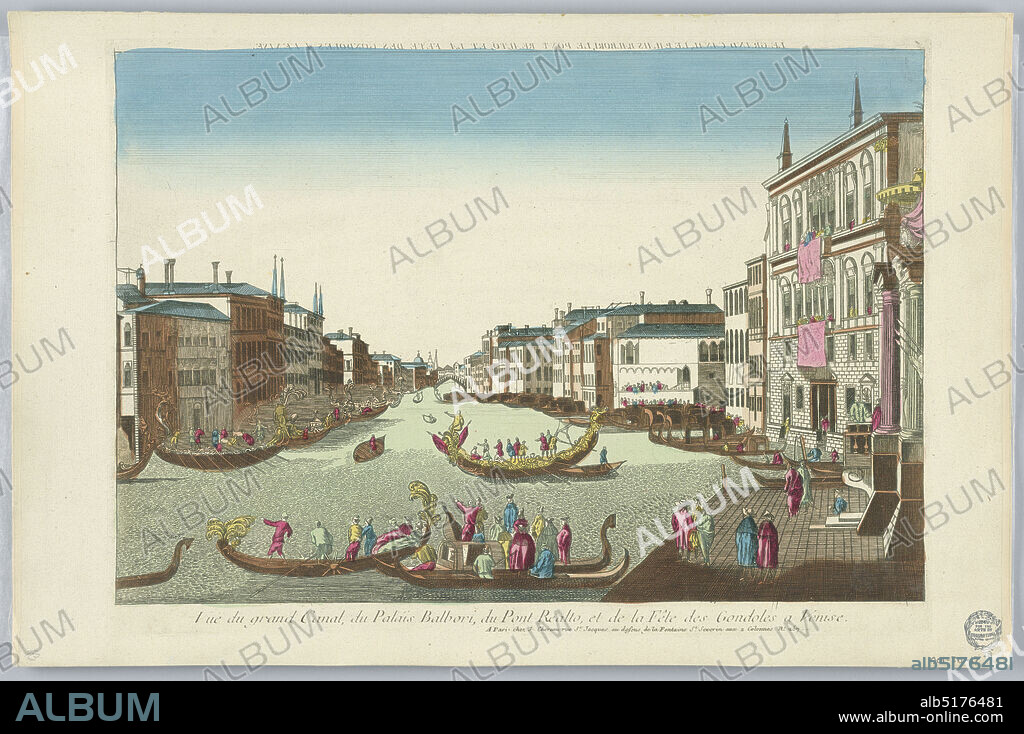 Peep-show, Vue du Grand Canal, du Palais Balbori, du Pont Realto, et de la Fête des Condoles a Venise, Engraving in ink with washes of watercolor on paper, mounted on scrapbook paper, Peep-show print, France, ca. 1750, Print, Print.