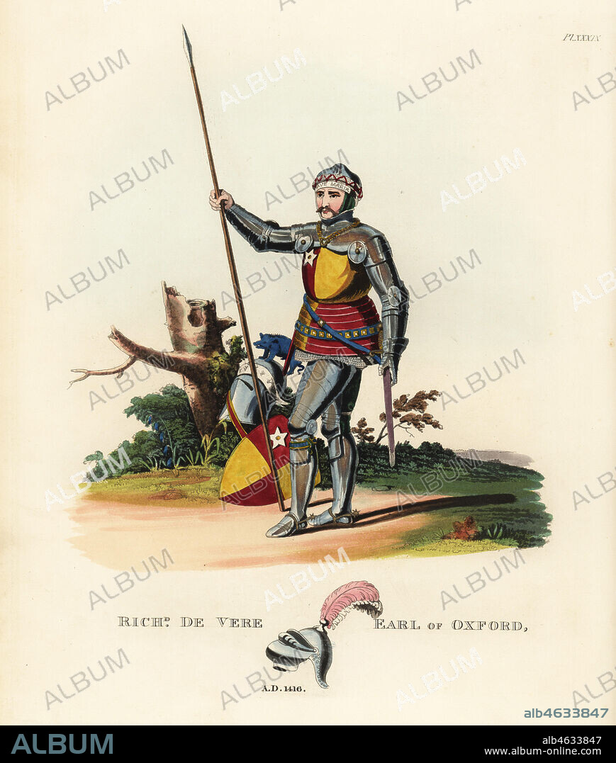 Richard de Vere, 11th Earl of Oxford, 1416, commander at the Battle of Agincourt. He wears a suit of armour with small pallettes, bassinet wreath and inscription on the forehead plate. Tilting helmet and shield with coat of arms (quarterly gules and or; a mullet argent) on the ground. Handcoloured lithograph by Maddocks after an illustration by S.R. Meyrick from Sir Samuel Rush Meyrick's A Critical Inquiry into Antient Armour, John Dowding, London, 1842.