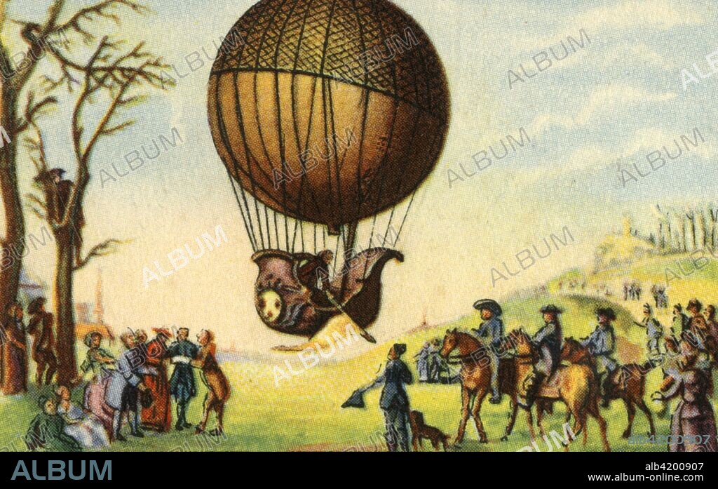 First manned ascent of a hydrogen balloon, Paris, France, 1 December 1783, (1932). Designed by Jacques Charles, a French professor of physics, and constructed by the brothers Jean and Noel Robert, the balloon carried Charles and Noel Robert aloft as it ascended from the Tuileries Gardens in Paris. It took off in front of a crowd of 400,000, landing two hours later at Nesle-la-Vallee, over 27 miles away. Robert alighted there but Charles re-ascended in the balloon, as seen here, reaching an altitude of over 9000 feet. It was the first manned (free flight) ascent of a hydrogen balloon. From "Die Eroberung Der Luft", (The Conquest of the Air), cigarette card album produced by the Garbáty cigarette factory, 1932. Eugene and Moritz Garbáty, who were Jewish, were driven out of business by the Nazis in the late 1930s, and forced to sell their factory which lay empty for over 70 years. [Garbaty Cigarettenfabrik, Berlin-Pankow, 1932].