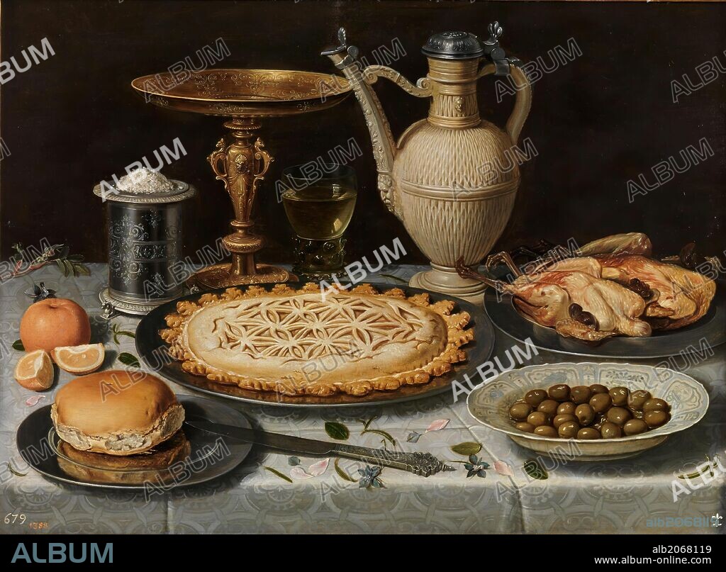 Clara Peeters / 'Mesa con mantel, salero, taza dorada, pastel, jarra, plato de porcelana con aceitunas y aves asadas', 1610-1615, Escuela Flamenca, Óleo sobre Tabla, 55 cm x 73 cm, P01622.