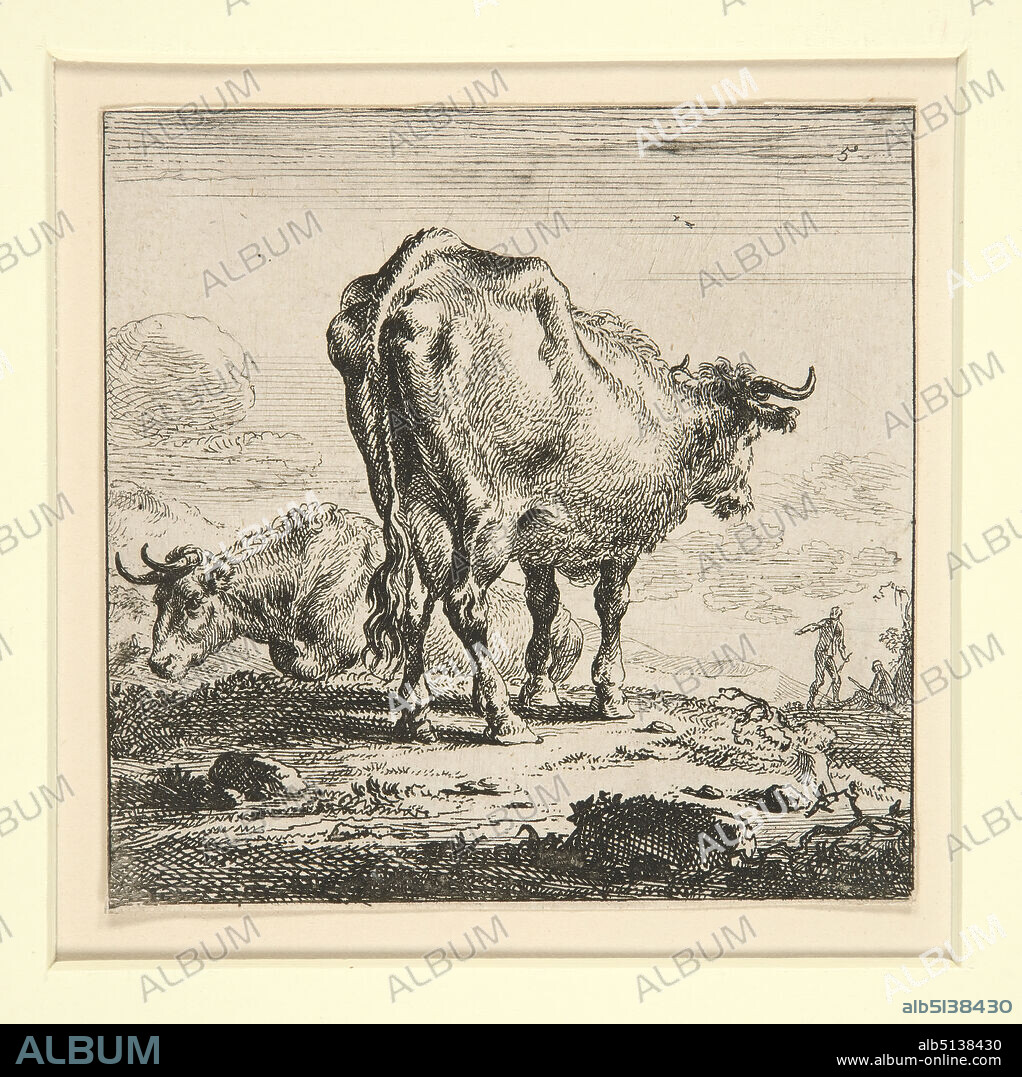 Artist: Nicolaes Berchem the elder, Dutch, 16201683, The Set of the Cows, with the Milk-Maid, Etching, 9 × 9 cm (3 9/16 × 3 9/16 in.), Made in The Netherlands, Dutch, 17th century, Works on Paper - Prints.