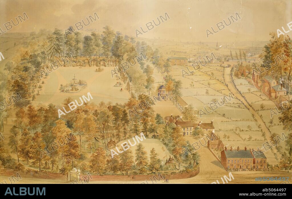 Vauxhall Gardens, Saltley, Birmingham, 1850 J L Pedley, The gardens closed in 1850, Tree, Landscape, Watercolour, Topographical Views, Garden, Birmingham history, Field.