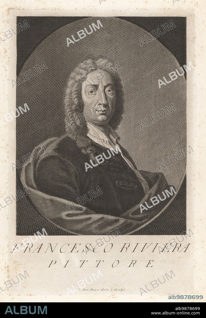 Francois Riviere, died 1746, French-born painter and draughtsman who settled in Leghorn, Italy. Francesco Riviera, Pittore. Copperplate engraving drawn and engraved by Pietro Antonio Pazzi after a self portrait by the artist from Francesco Moucke's Museo Florentino (Museum Florentinum), Serie di Ritratti de Pittori (Series of Portraits of Painters) stamperia Mouckiana, Florence, 1752-62.