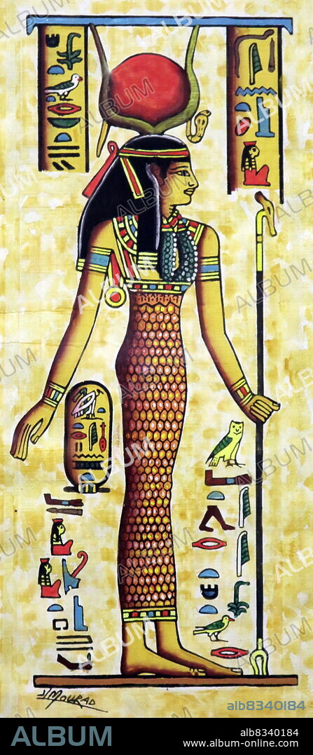 Modern depiction on a papyrus of Isis a major goddess in ancient Egyptian religion whose worship spread throughout the Greco-Roman world. Isis was first mentioned in the Old Kingdom (c.2686 - c.2181 BCE) as one of the main characters of the Osiris myth. During the New Kingdom (1550 - 1070 BCE), Isis was portrayed wearing Hathor's headdress: a sun disk between the horns of a cow.