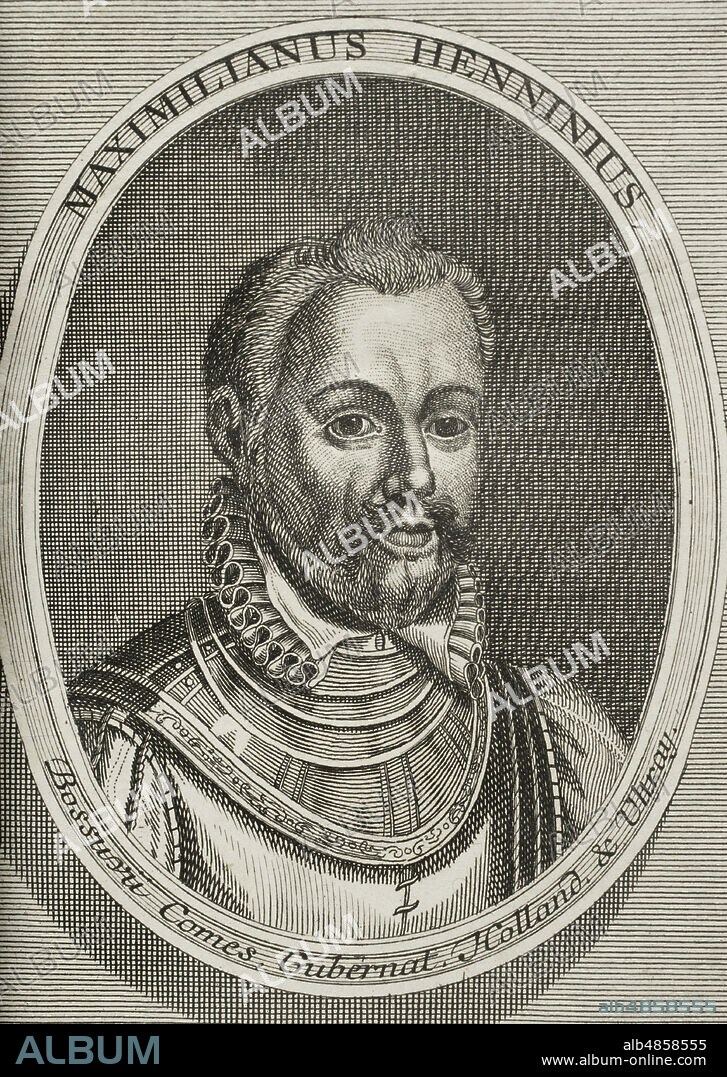 Maximilien de Henin, tercer conde de Bossu (1542-1578). Soldado de los Países Bajos de los Habsburgo. Retrato. Grabado. Guerras de Flandes. Edición publicada en Amberes, 1748. Biblioteca Histórico Militar de Barcelona. Cataluña. España.