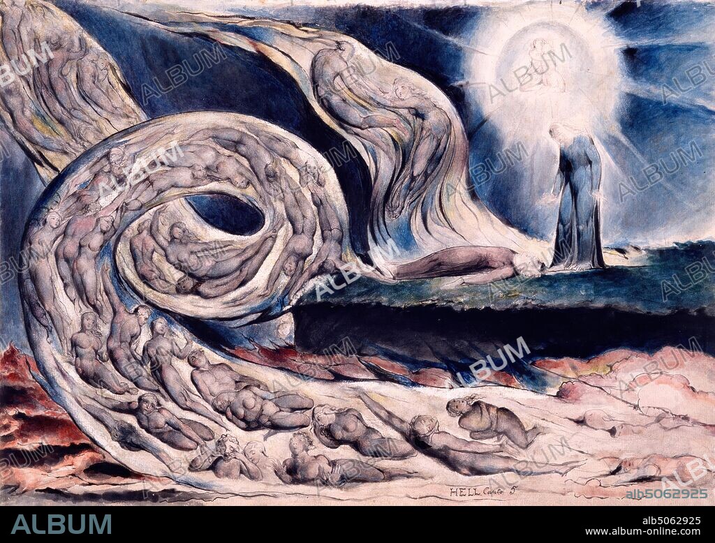 The Circle of the Lustful, 1824-27 William Blake, This is the most celebrated of William Blake's illustrations to Dante's 'Divine Comedy' commissioned by John Linnell. Blake followed Dante's narrative, but his interpretation of the story is original. This scene illustrates the scene in the Inferno, the journey through Hell, when Dante and Virgil meet the adulterous lovers Francesca da Rimini and Paolo., Watercolour, Dante, The Divine Comedy, Literature.