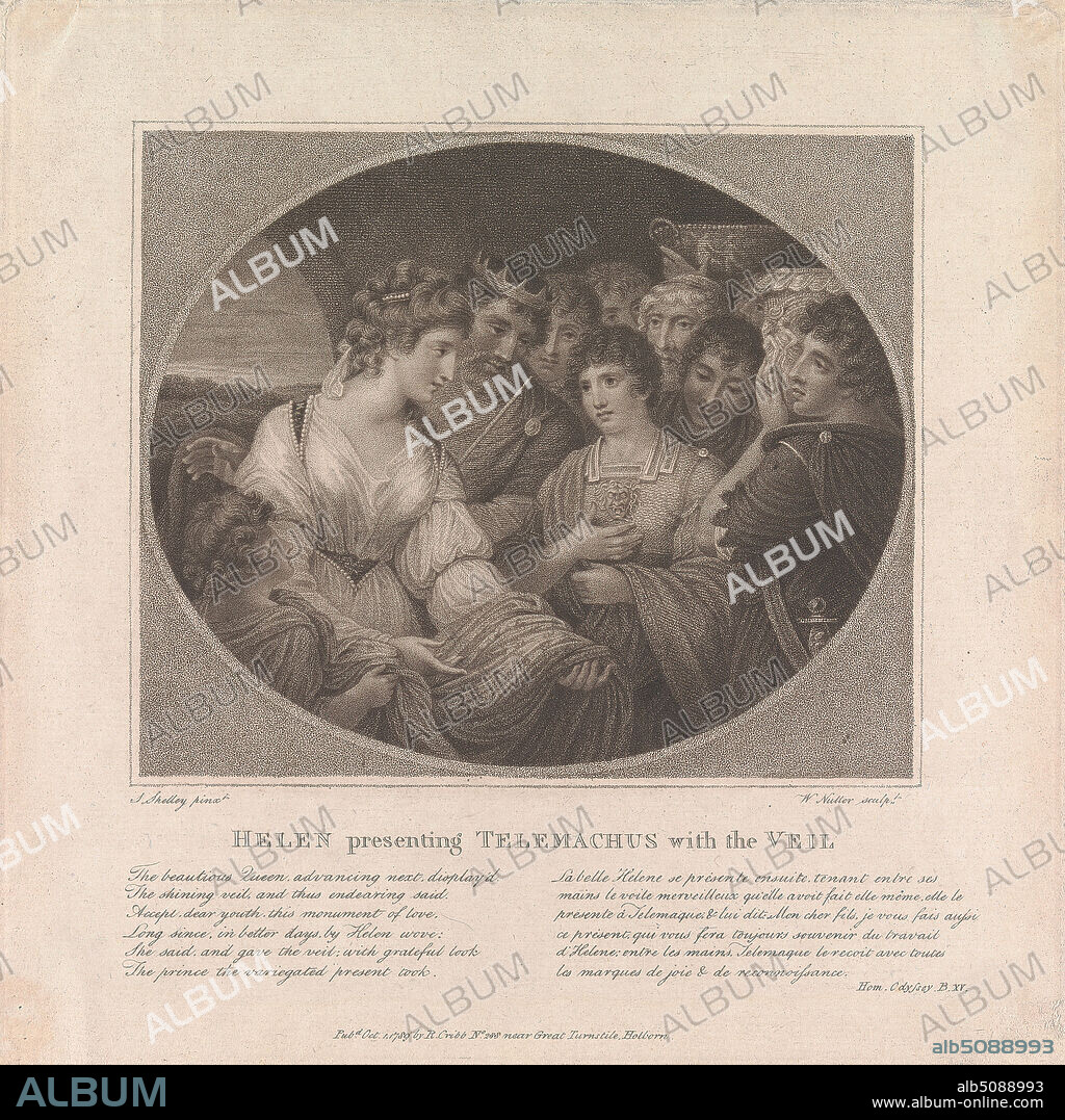 Helen presenting Telemachus, with the Veil, William Nutter, 17541802, British, after Samuel Shelley, 17501808, British, 1789, Stipple engraving, Sheet: 8 x 8in. (20.3 x 20.3cm), Greek mythology, religious and mythological subject, Telemachus and Pisistratus, son of Nestor, in Sparta with Menelaus and Helen, Telemachus in strife with the suitors.
