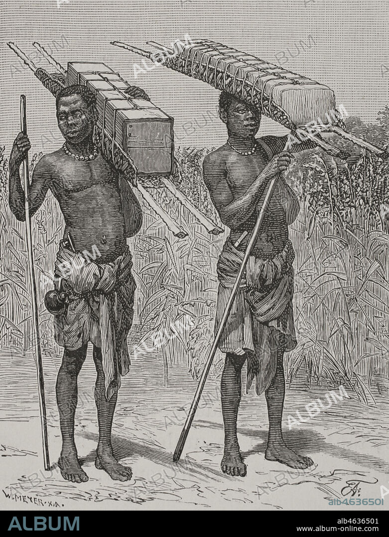 Historia de Africa. Siglo XIX. Faquines de Lukungu. Grabado por W. Meyer. El Congo y la Creación del Estado Independiente de este nombre. Historia de los Trabajos y Exploraciones Verificados, por Enrique M. Stanley. Editada en Barcelona, hacia 1890. España.