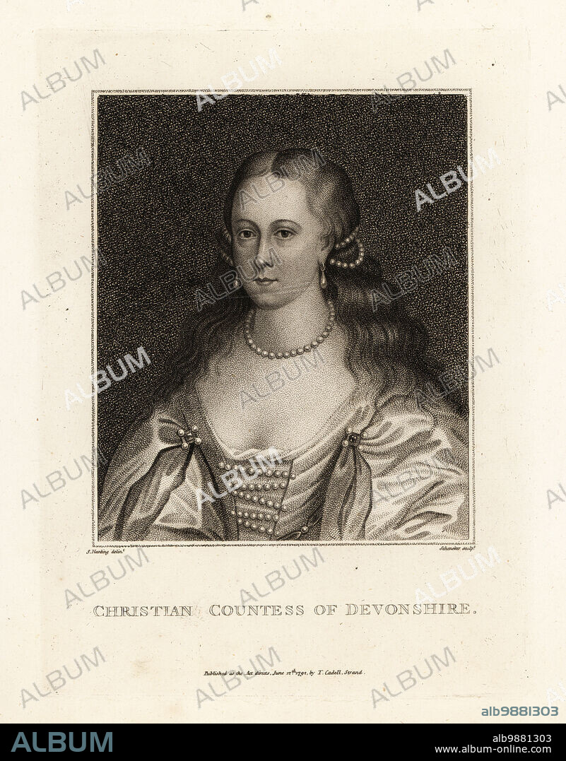 Christian Cavendish, nee Bruce, Countess of Devonshire (1595-1675), Anglo-Scottish aristocrat and royalist. She wears a decollete dress, pearls in her long hair, pearl earrings and choker necklace.. Copperplate engraving by Nicolas Schenker after a portrait drawn by Sylvester Harding, published by T. Cadell, Strand, London, 1792.