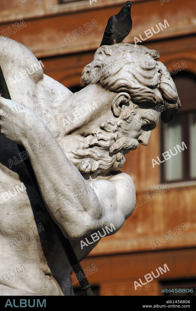ARTE RENACIMIENTO. ITALIA. "FUENTE DE NEPTUNO". Realizada por Giacomo della Porta en 1574. Detalle de la escultura de "NEPTUNO LUCHANDO CON UN PULPO". Se encuentra en la Plaza Navona. ROMA.